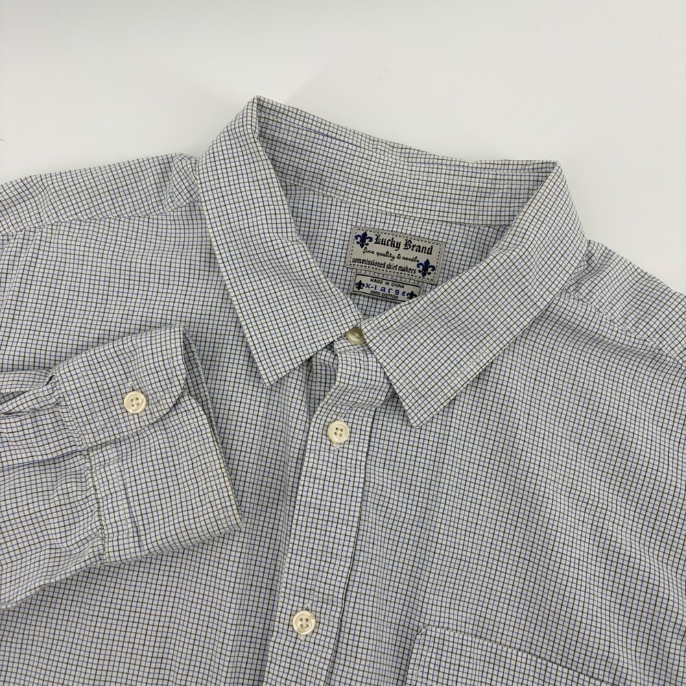 Lucky Brand Mens XL Blue White Micro Check Cotton Button Down Shirt Long Sleeve